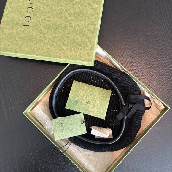 NWT Gucci Malibu GG Crochet Ribbon Leather Trim Beret Hat Black L - Picture 3 of 3